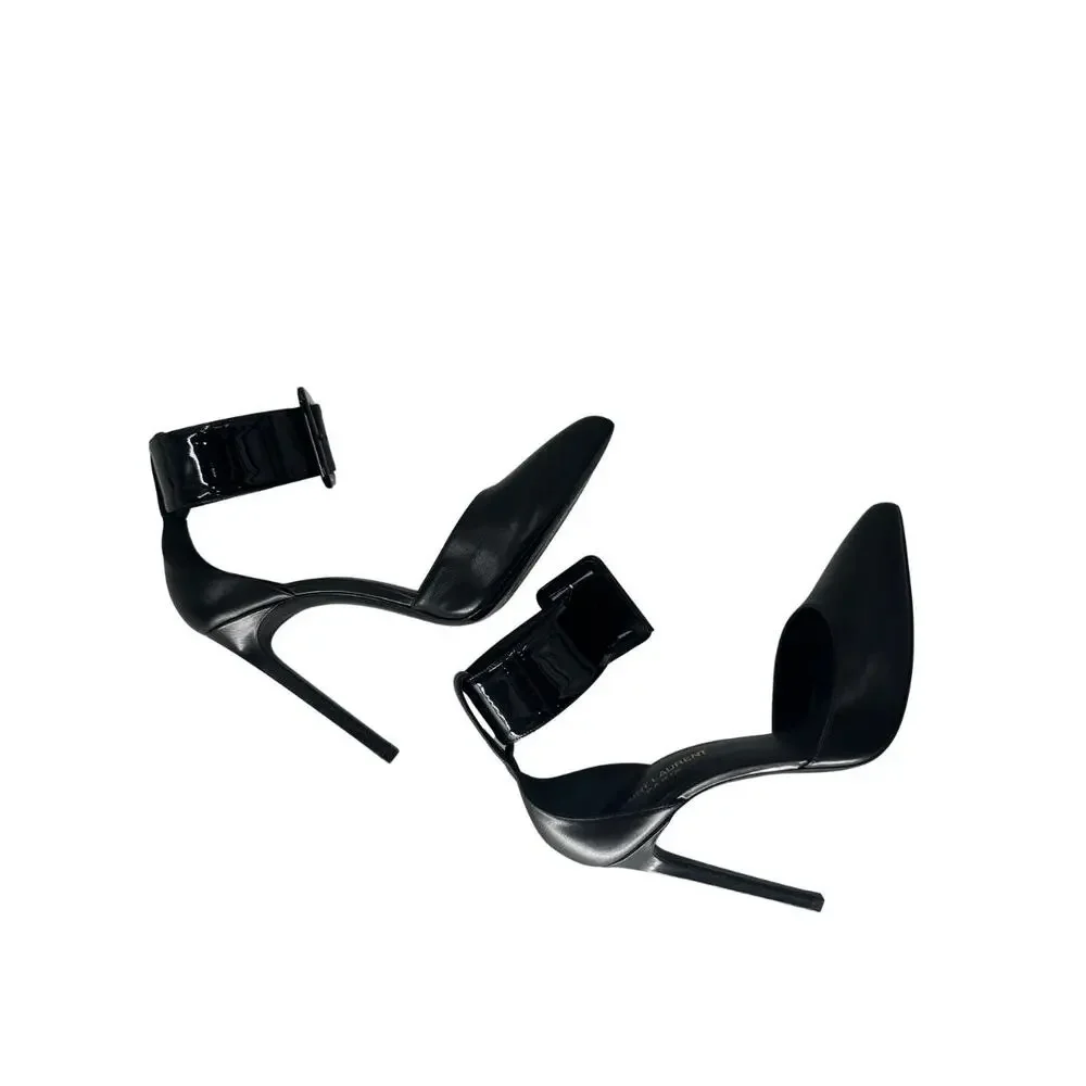 Saint Laurent Leather Pointed Toe Ankle Strap Pump Heels Black Women's Size 38.5